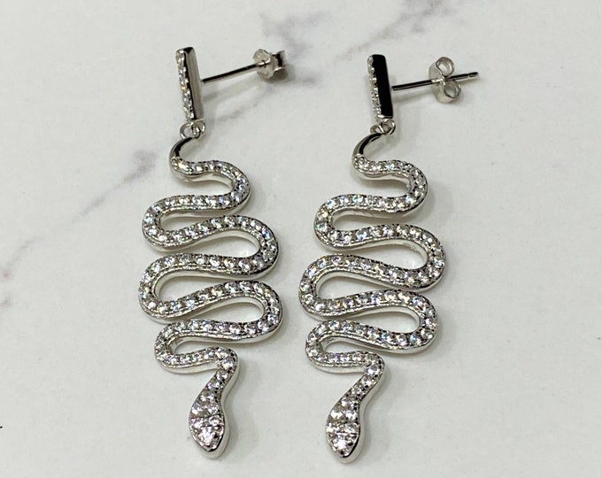 Vintage Sterling Silver White Topaz Snake Dangle Earrings.