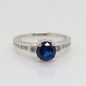 Vintage Sterling Silver Lab Blue Sapphire & White Topaz Ring Size 7