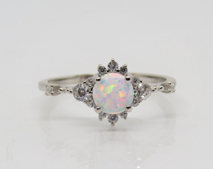 Sterling Silver White Opal & White Topaz Ring Size 9