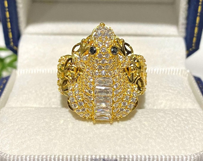 Vintage 15K 610 Solid Yellow Gold White Topaz & Black Sapphire Eye's Frog Ring Size 8