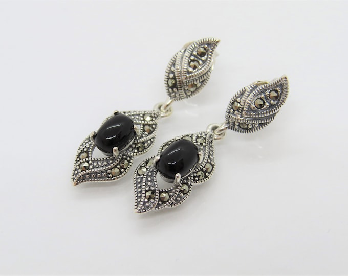 Vintage Sterling Silver Oval Cut Black Onyx & Marcasite Drop Earrings