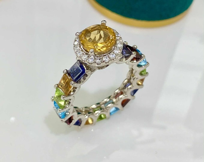 Vintage Sterling Silver Gemstone Ring: Citrine, Amethyst, Topaz - Size 8.