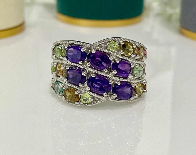 Vintage Sterling Silver Gemstone Ring Amethyst & Tourmaline- Size 8 1/2