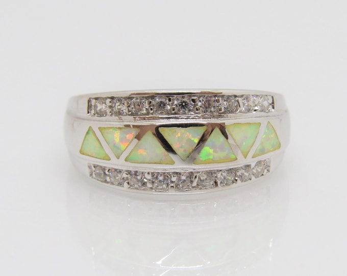 Vintage Sterling Silver White Opal & White Topaz Dome Ring Size 9