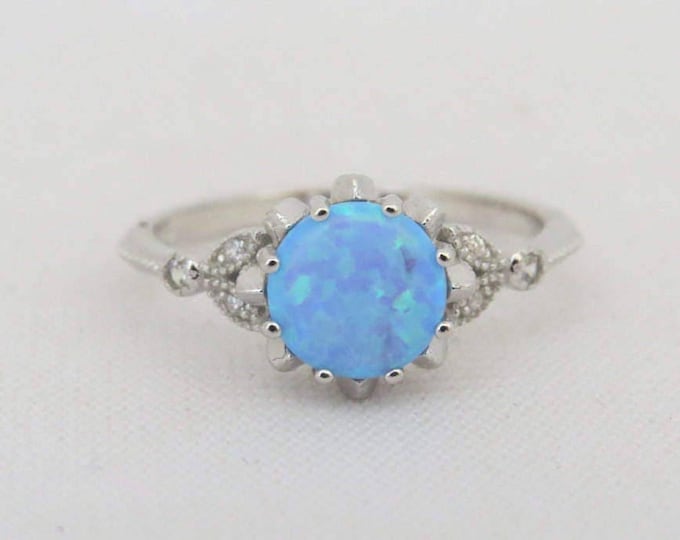 Vintage Sterling Silver Blue Opal & White Topaz Ring Size 9