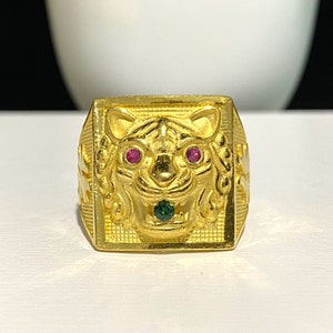 Vintage 24K 980 Pure Gold Emerald & Ruby Tiger Ring Size 10.