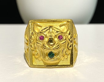 Anillo vintage de tigre con esmeralda y rubí en oro puro 980 de 24 quilates, talla 10.