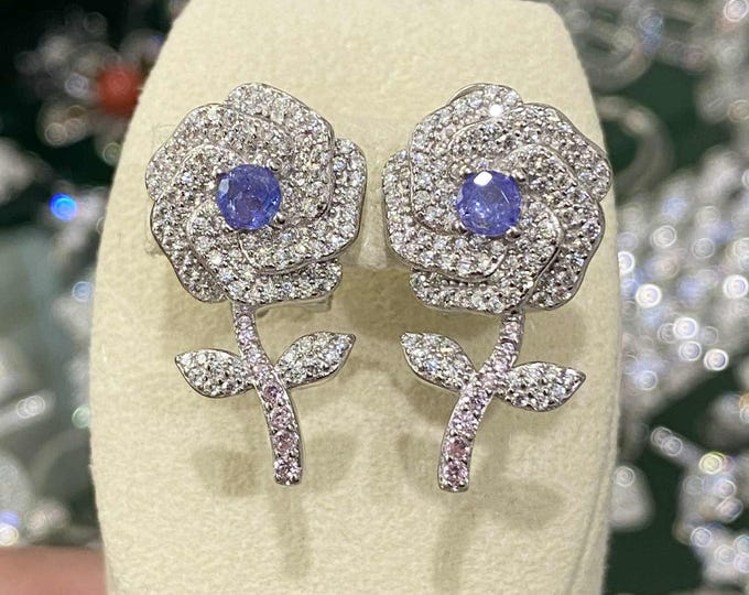 Vintage Sterling Silver Natural Tanzanite, Pink Sapphire & White Topaz Flower Earrings