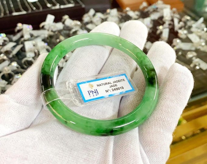 Vintage Translucent Natural Green, Black Jadeite Jade Bangle Bracelet 55.5MM