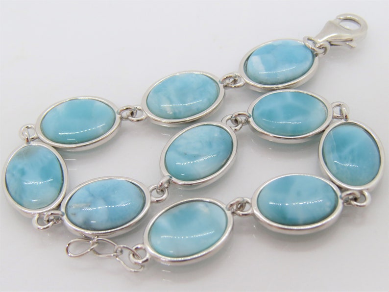 Vintage Sterling Silver Natural Oval Larimar Link Chain Bracelet 7 12/'/'