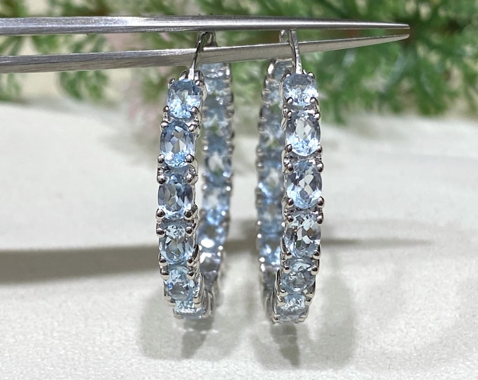 Vintage Sterling Silver Oval Aquamarine Hoop Earrings 27MM