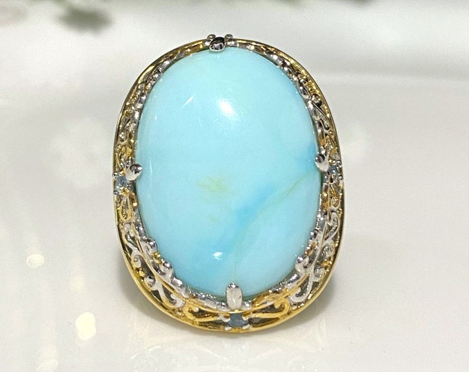 Vintage Sterling Silver Large Natural Oval Larimar & Aquamarine Ring Filigree Size 7.25