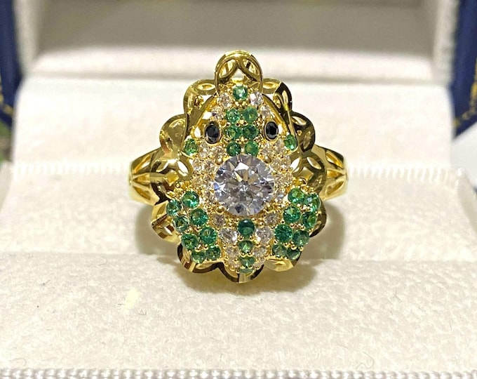 Vintage 15K 610 Solid Yellow Gold Emerald, White Topaz & Black Sapphire Eye's Frog Ring Size 7.75