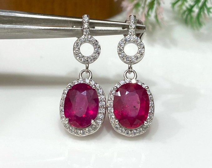 Vintage Sterling Silver Natural Oval cut Ruby & White Topaz Dangle Earrings.
