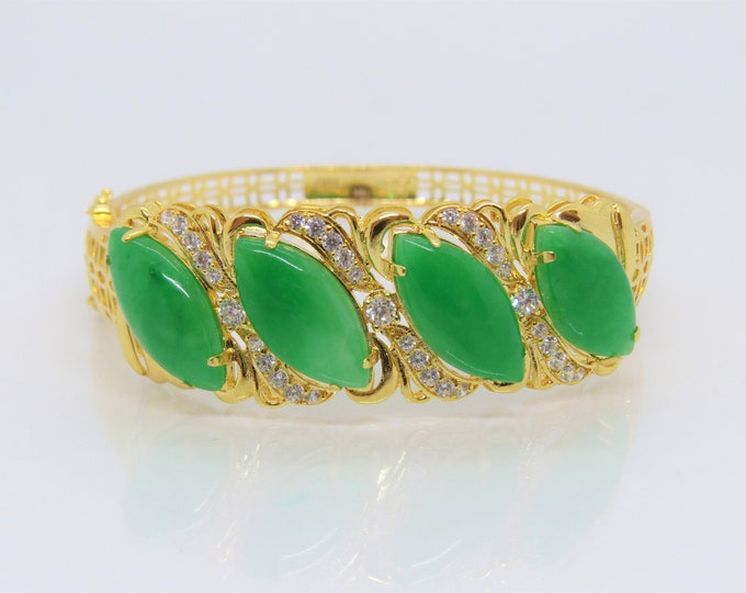 Vintage 18K Solid Gold Translucent Green Jadeite Jade White Topaz Money Coin Luck Bracelet 7''