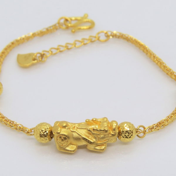 Vintage 24K 999 Pure Gold 3D Pixiu with Ball Link Chain Bracelet 7'' Length