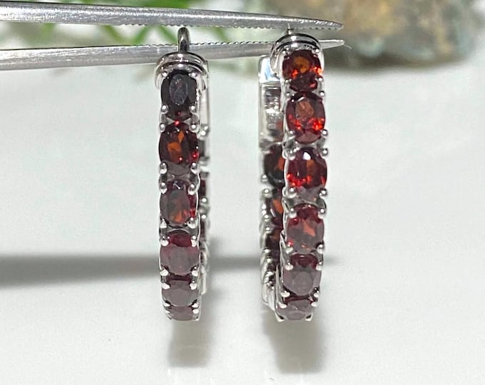 Vintage Sterling Silver Oval Garnet Hoop Earrings 23.5MM