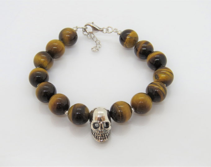 Vintage Sterling Silver Tiger's Eye Bead Skull Bracelet 8 1/2''