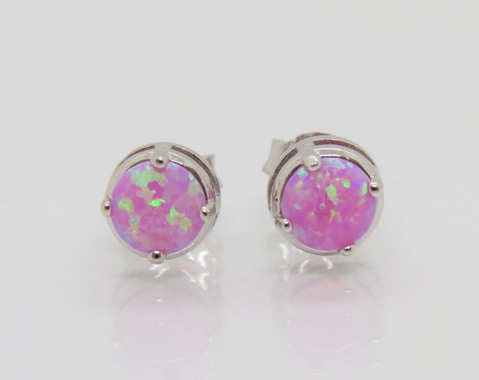 Vintage Sterling Silver Round Pink Opal Stud Earrings