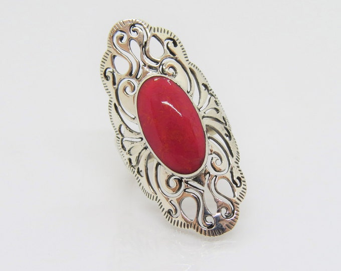 Vintage Sterling Silver Coral Carved Filigree Long Ring Size 8