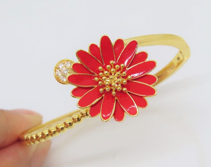 18K Solid Yellow Gold Red Enamel Flower White Topaz Vintage Bangle Bracelet 6 2/8''