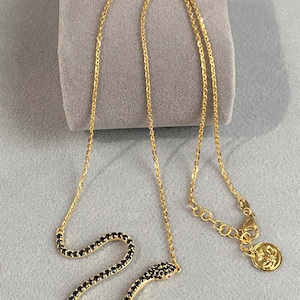 May include: A gold chain necklace featuring a black snake pendant. The snake is crafted from small black stones and has a red stone for an eye. The chain has a lobster clasp and a small gold charm with a flower design.