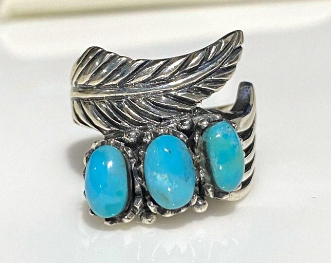 Vintage Sterling Silver Turquoise Leaf Ring.