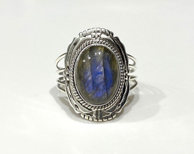 Vintage Sterling Silver Natural Oval Labradorite Ring Size 10