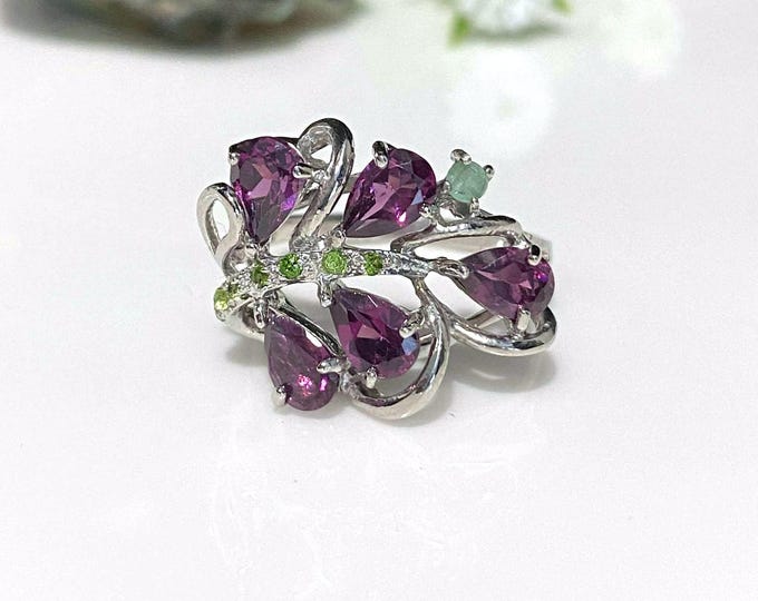 Vintage Sterling Silver Natural Rhodolite, Emerald & Peridot Leaf Ring Size 7