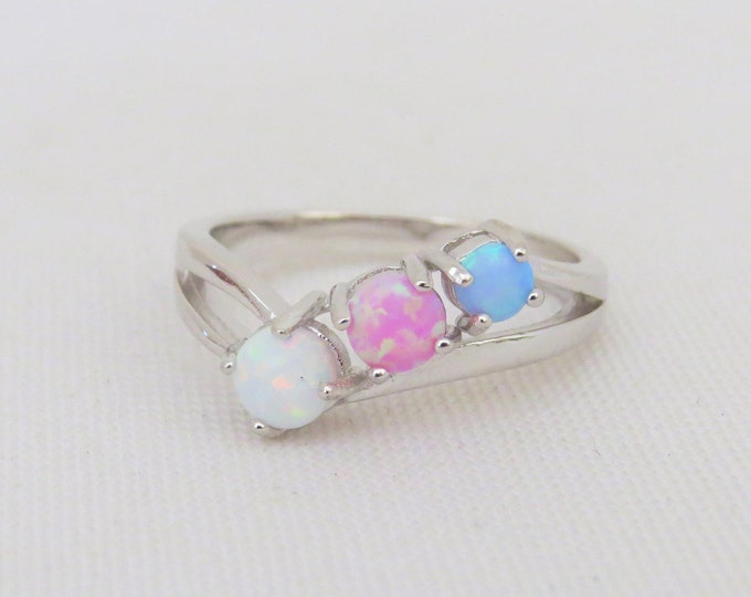 Vintage Sterling Silver White, Blue, Pink Opal Three stone Ring Size 7