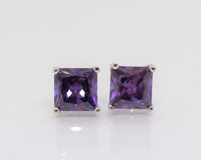 Sterling Silver Square cut Amethyst Stud Earrings 8MM