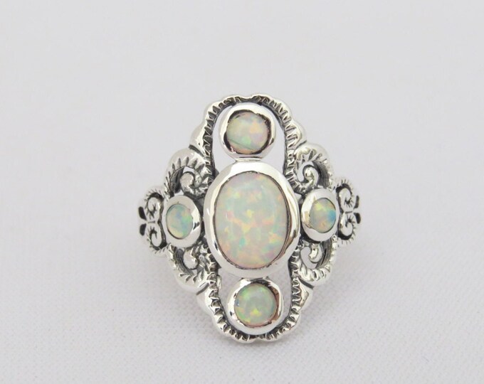 Vintage Sterling Silver White Opal Filigree Ring Size 8