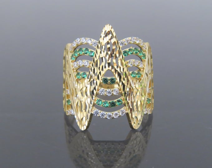 Vintage 18K Solid Yellow Gold Emerald & White Topaz Puzzel Ring Size 7.25