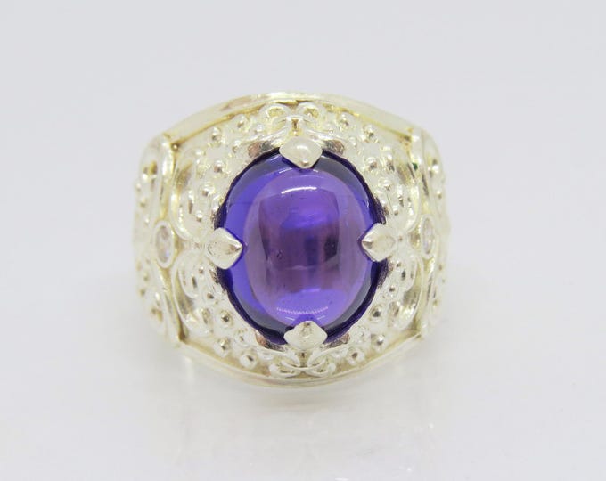 Vintage Sterling Silver Amethyst , White Topaz Dome Ring Size 8.5