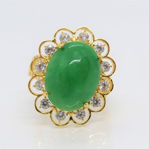 Vintage 18K Solid Gelb Gold Oval Grün Jadeit Jade & Weiß Topas Ring Größe 9