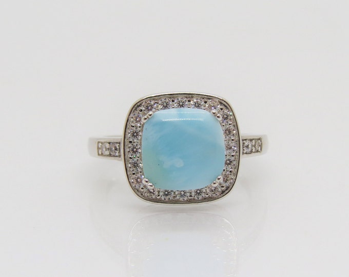 Sterling Silver Natural Larimar & White Topaz Engagement Ring Size 8