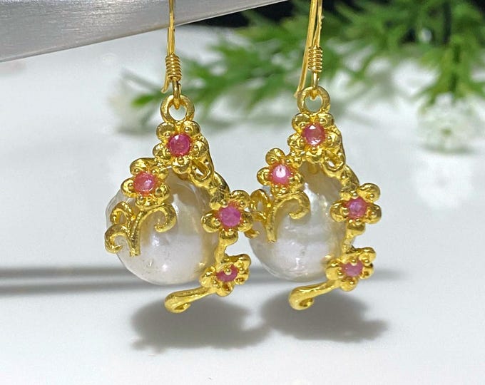 Vintage Sterling Silver Gold Vermeil Natural Baroque Pearl & Pink Sapphire Dangle Earrings