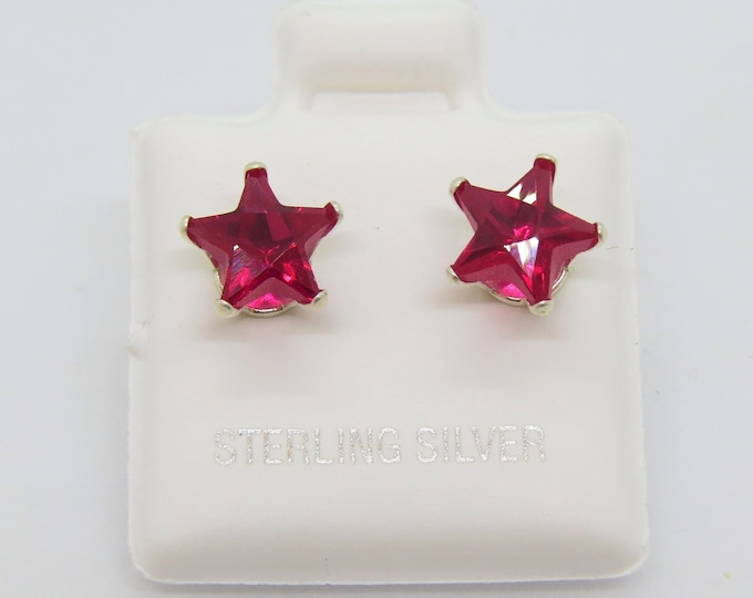 Sterling Silver Star cut Ruby Stud Earrings 7MM