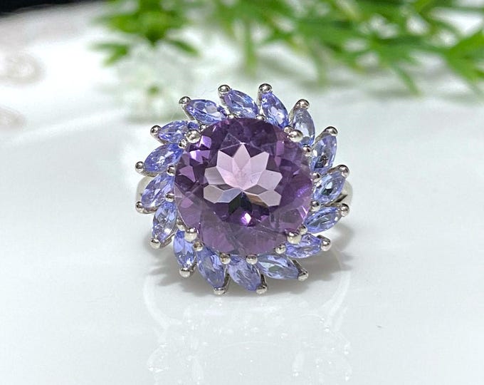Vintage Sterling Silver Natural Amethyst & Tanzanite Ring Size 8