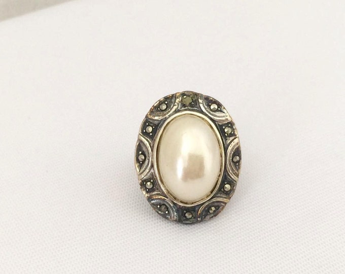 Vintage Sterling Silver Faux Pearl & Marcasite Ring Size 6