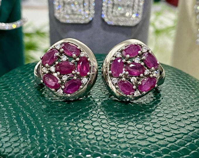 Vintage Sterling Silver Natural Oval Cut Ruby & White Topaz Earrings.