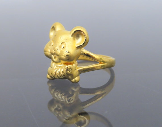 Vintage 24K 9999 Pure Gold Rat, Mouse Ring Size 6… - image 3