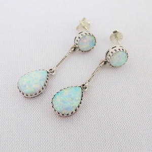 Vintage Sterling Silver White Opal Dangle Drop Earrings