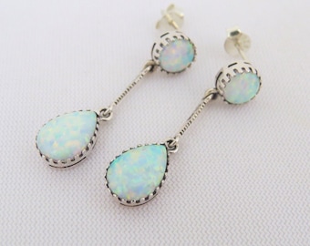 Vintage Sterling Silver White Opal Dangle Drop Earrings