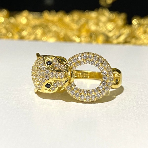 Vintage 18K Solid Yellow Gold Black Sapphire & White Topaz Panther, Jaguar, Tiger Leopard Ring Size 6.5