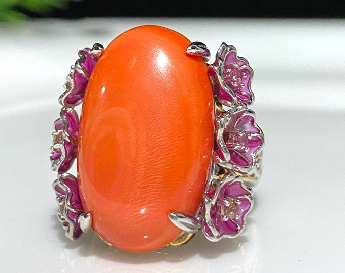 Vintage Sterling Silver Large Natural Orange Coral & Pink Sapphire Filigree Ring Size 7