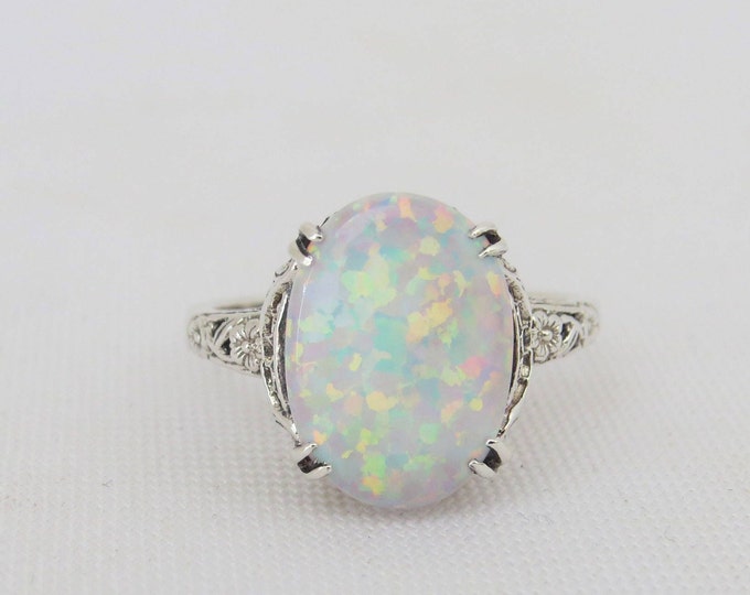 Vintage Sterling Silver White Opal Flower Filigree Ring Size 10