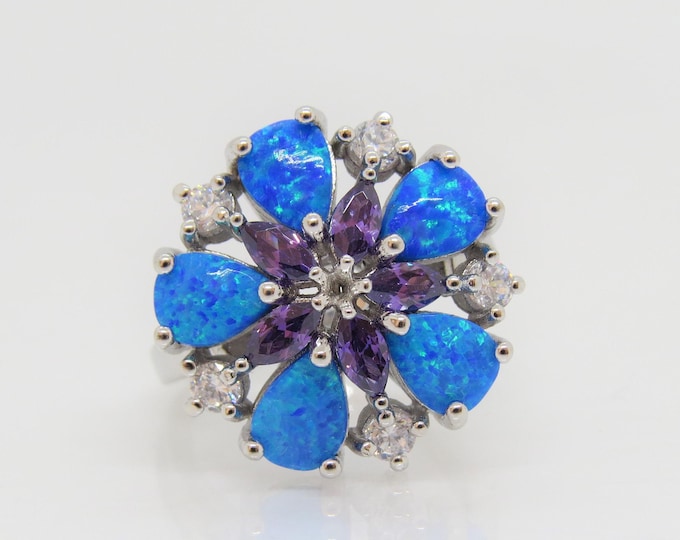 Vintage Sterling Silver Blue Opal, Amethyst & White Topaz Flower Ring Size 7