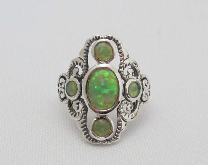 Vintage Sterling Silver Green Opal Filigree Ring Size 8