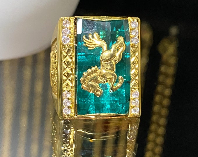 Vintage 15K Yellow Gold Emerald & White Topaz Horse Men's Ring Size 9